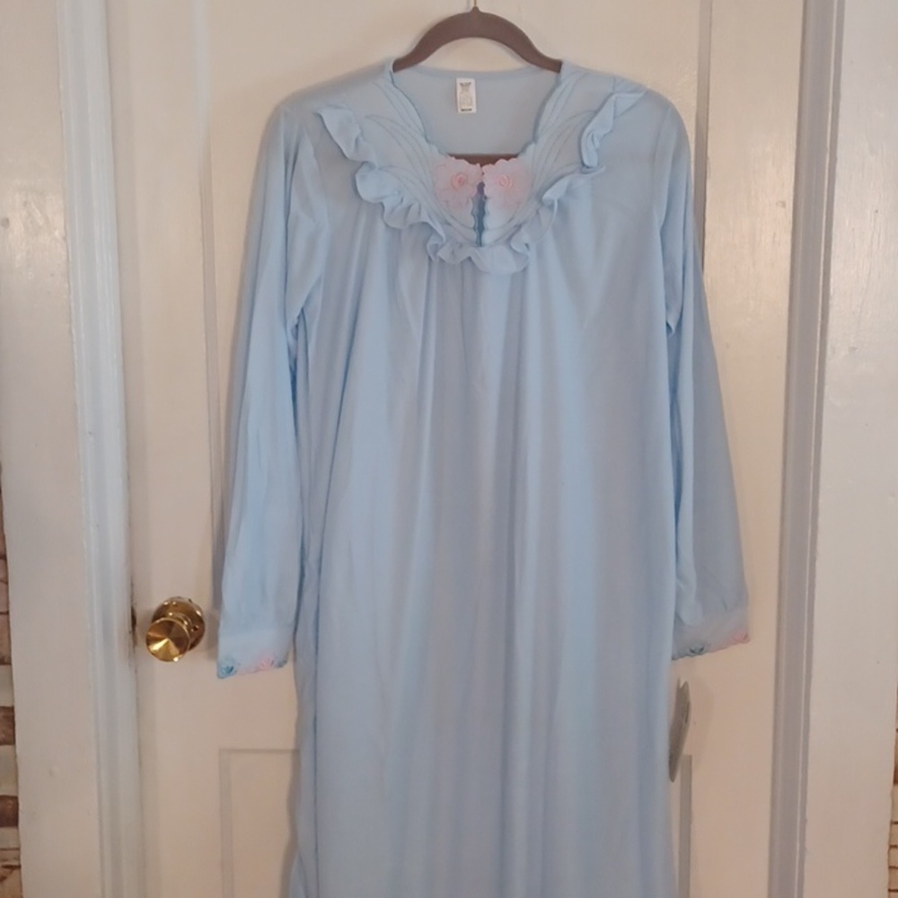 Light Blue Lace Trim Long Gown Brushed Nylon Size Medium